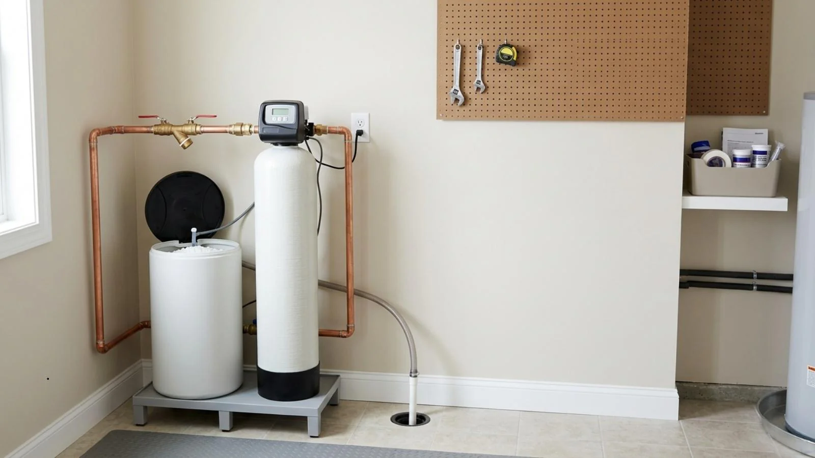 Water softener and brine tank in a home utility room