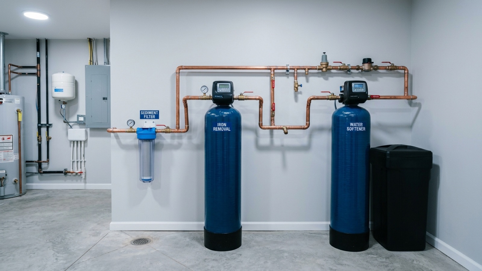 Well water treatment system with sediment filter and iron removal